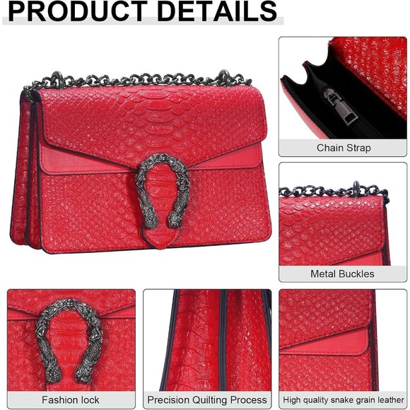 ⚡ Women's Red Snake Vegan Leather Print Casual Fashion Satchel Crossbody Handbag - Picture 6 of 7